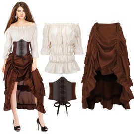 Suhine 3 Pcs Renaissance Pirate Costume Women Medieval Victorian Outfit High Low Skirt Blouse Top Viking Corset (Brown,XL)