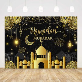 AIBIIN 7x5ft Ramadan Mubarak Backdrop Muslim Ramadan Kareem Lantern Moon Castle Islamic Photography Background Black and Gold Moon Stars Mosque Party Decorations Banner Photo Studio Props