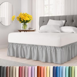 Wrap Around Dust Ruffle Bed Skirt - Light Grey - for Queen Size Beds with 12 in. Drop - Easy Fit Elastic Strap - Pleated Bedskirt with Brushed Fabric - Wrinkle Free, Machine Wash - by CGK Linens