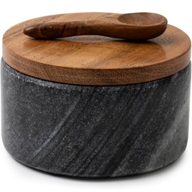 Cork & Mill Grey Marble Salt Cellar with Acacia Wood Lid and Spoon - Elegant Modern Salt Container for Countertop - Handcrafted Pepper Pot - Wide 4” Pepper Holder with Non-Skid Feet