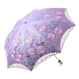 LCY Ladies Embroidered Lace Double-deck Anti-UV Parasol Umbrella Sun/Rain/Snow Folding Umbrella-Purple