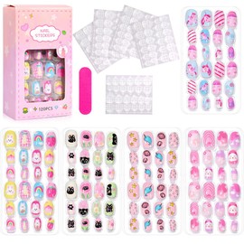 Virellay Pack of 120 Children's Nails - Stick-On Fingernails for Girls with Jelly Glue - 5 Different Designs Artificial Nails Children, Beautiful Gift for Girls