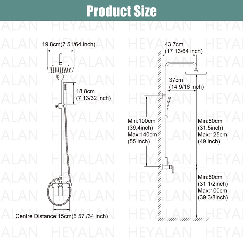 Heyalan Matte Black Exposed Shower System 2 Functional Bathroom Shower
