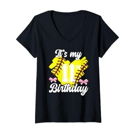 Womens 11th Softball Birthday Party 11 Year Old Softball Player V-Neck T-Shirt