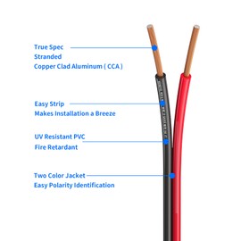 Speaker Wire 14 Gauge 100FT 2 Conductors Red Black Cable Hookup LED Lighting Strips Electrical Wire Extension Cord 14/2 Gauge Wire Copper Clad Aluminum 12V/24V DC Cable Flexible Extension Cord