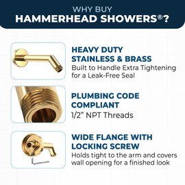 HammerHead Showers® ALL METAL 7 Inch Shower Arm and Flange with Set Screw, Polished Brass | Wall Elbow Pipe and Cover Plate | Universal Replacement Part for Showerheads
