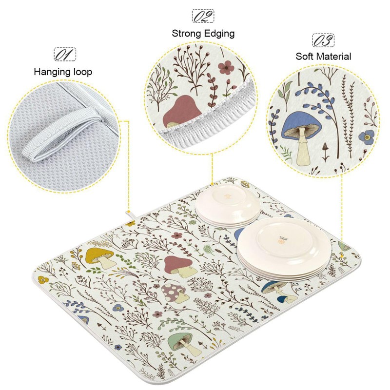 Cute Mushroom Wild Plant Dish Drying Mat for Kitchen Counter