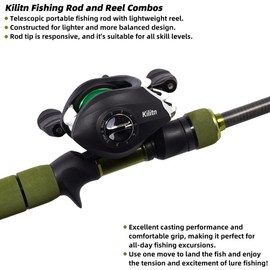 Kilitn Fishing Rod and Reel Combo, Graphite Telescopic Baitcaster Rod, Baitcast Reel Baitcasting Combo, with Comfortable EVA Handle for Freshwater or Saltwater Fishing (Casting Left 5FT)
