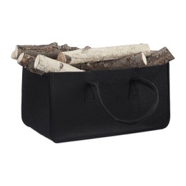 Relaxdays Felt Firewood Basket, Portable Magazine Holder, Wood Bin H x W x D: 25 x 25 x 50 cm, Black