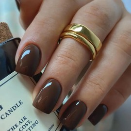 CUZIAM Brown Press on Nails Short Square, 32pcs Dark Chocolate Brown Winter Fall Full Cover Glue on Nails for Women, Glossy Reusable Thick Pretty Fake False Acrylic Nails Press Ons