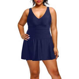 Holipick Navy Blue Women Plus Size One Piece Swim Dress Tummy Control Swimsuit with Skirt 18 Plus