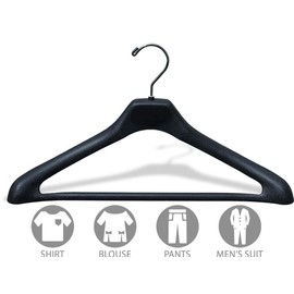 Oversized Matte Black Plastic Suit Hanger with Bar and Wide Shoulder in 19" Length X 1.5" Thick with Contoured Body and Chrome Hardware, Box of 12