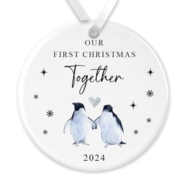 "First Christmas Together" Watercolour Penguin Design Ceramic Bauble - Perfect Keepsake for New Couples Gift