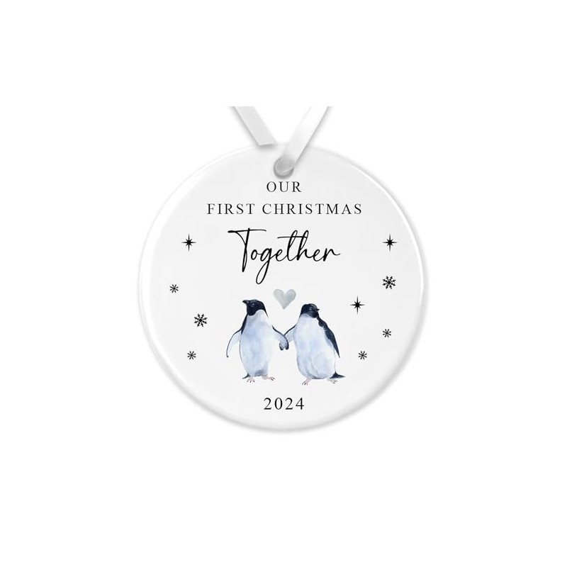 "First Christmas Together" Watercolour Penguin Design Ceramic Bauble - Perfect