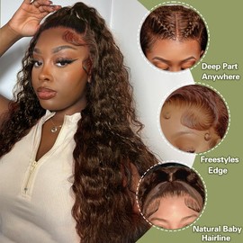 30 Inch Chocolate Brown Lace Front Wig Human Hair Pre Plucked Water Wave 13x4 Lace Front Wigs Human Hair For Women Hd Frontal Wet And Wavy Brown Deep Curly Colored Natural Hairline Free Shedding