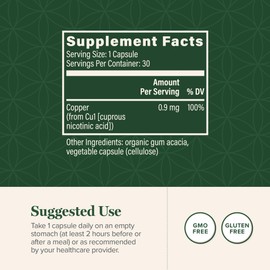 Global Healing Bio-Active Copper Supplement Cu1 - Cuprous Nicotinic Acid Helps Detox Body from Within - Supports Immune System & Red Blood Cell - Niacin Vitamin B3 Chelated Copper - 30 Capsules