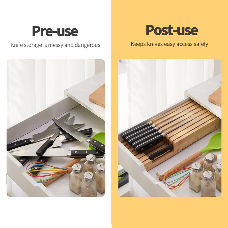 Bamboo Knife Block and In-Drawer Storage, Display Stand and Organizer,