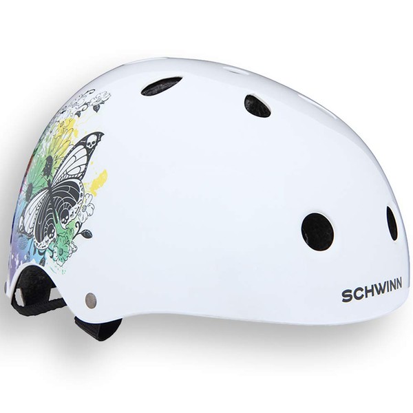 Schwinn Casque de vélo, BMX pour garçons et filles, pour enfants à partir de 8 ans, casque idéal pour trottinette, skateboard ou vélo, tours de tête 54-58 cm, Blanc/Papillon