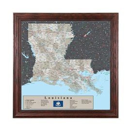 Push Pin Travel Maps Louisiana - Earth Toned - Solid Wood Cherry Red Frame - 150 Pins Included - 27.5 inches x 27.5 inches