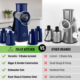 Zulay Kitchen Rotary Cheese Grater 5 Blade Cheese Shredder - Manual Hand Crank Cheese Grater With Reinforced Suction & 5 Interchangeable Drums - Easy to Use, Vegetable Chopper Round Mandoline Slicer