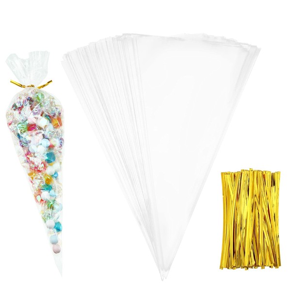 Outus 100 Pieces 7 x 12 inch Cone Shaped Treat Bags Medium Transparent Cone Bags Cello Bags Sweet Clear Treat Bags with 100 Pieces Twist Ties