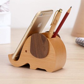 Elephant Wooden Pen Cup Pencil Holder for Desk with Cell Phone Stand Multi-Functional Stationery Organizer, Gift for Valentine's Day, Birthday