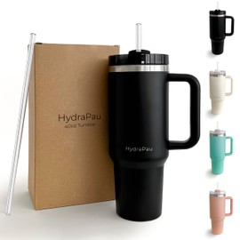 Shoppau HydraPau Quencher 40oz Tumbler With Handle, Lid, Straw - Double Wall Vacuum Insulation - Silicone Straw Grip - Car Cupholder Compatible - Dishwasher Safe - Recycled Stainless Steel (Black)