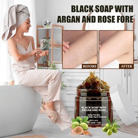 Black Soap with Argan and Rose, Moroccan Body Scrub, 200 g Moroccan Black Soap, Moroccan Black Soap, Exfoliate Soap for Soft Skin