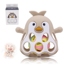 Farout Penguin Rattle - Teething Ring Baby & Montessori Toy - Oball Motor Skills Toy Baby Rattle for Newborns & 0-6 Months - Baby Toy from 3 Months, Gift for Boys & Girls (Beige)
