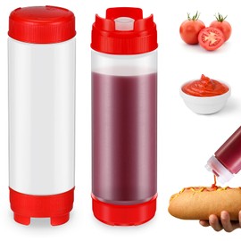Didaey 2 Pcs 20 oz Inverted Plastic Squeeze Bottles, Refillable Tip Large Valve Dispenser Condiment Squeeze Bottle for Sauces Ketchup Sour Cream Self Sealing Syrup Dispenser for Restaurants (Red)