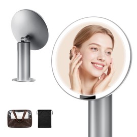 sjzxuv SJZX Travel Makeup Mirror with Lights and 10X Magnification, Silver Rechargeable Lighted Makeup Mirror with Travel Case, 70 LED Touch Screen Dimmable Portable Vanity Mirror for Desk
