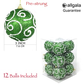 allgala 12 Pack 3 Inch Christmas Tree Ornament Balls-Glitter Decorated Foam Large Xmas Ball-Green