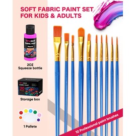 Verdeart Fabric Paint, 20 Colors Permanent Soft Fabric Paint Set for Clothes in Bottles (60ml/2oz) with 10 Brushes, Palette, Non-Toxic Textile Paint Art Supplies for Clothing, Canvas, T-Shirts, Jeans, Bags & Art Crafts