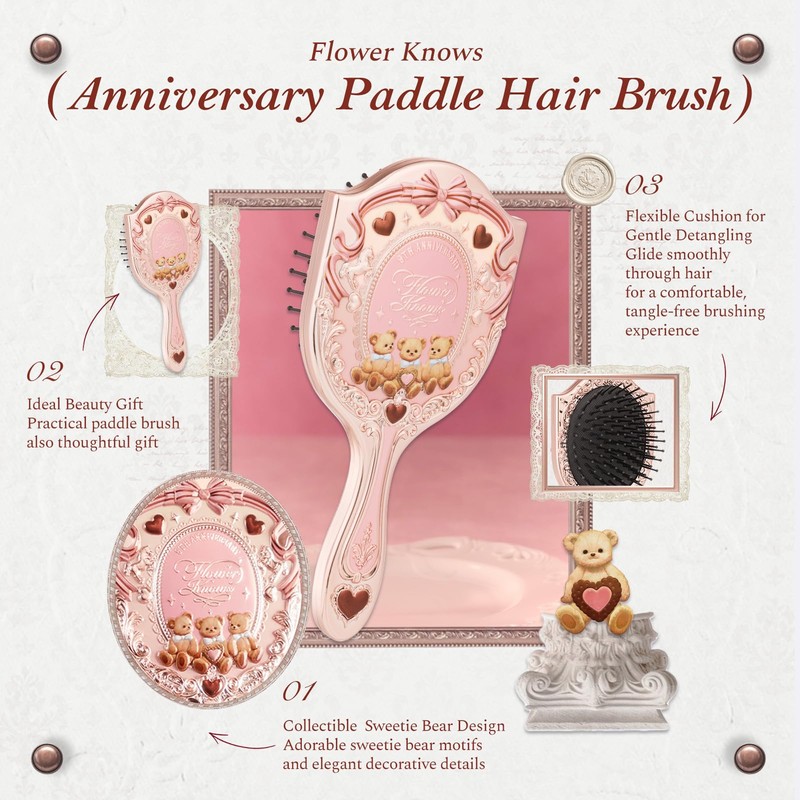 9th Anniversary Paddle Brush, Pink Sweetie Bear-Themed Hair Brush with