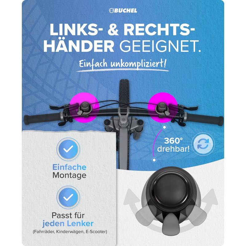 BÜCHEL Bicycle Bell Flexible in Black - 360° Rotatable Bicycle