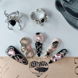 TRENTSNOOK 10 Pcs Mine Handmade Nail Tips Reusable Black Pink Shibuya False Nails Ideal for Fireworks Displays, Coming-of-Age Ceremonies, Graduations, Gatherings, Karaoke (M)