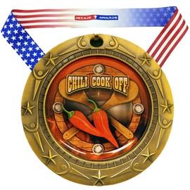 Decade Awards Chili Cook-Off Medal World Class Engraved Medal, Gold - 3 Inch Wide Chili Competition Medallion with Stars and Stripes American Flag V Neck Ribbon - Customize Now