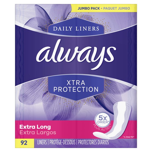 Always Xtra Protection Daily Liners Extra Long Unscented, 92 Count