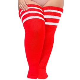 Plus Size Womens Thigh High Socks for Thick Thighs- Extra Long Striped Thick Over the Knee Stockings- Leg Warmer Boot Socks (Bright Red & White)