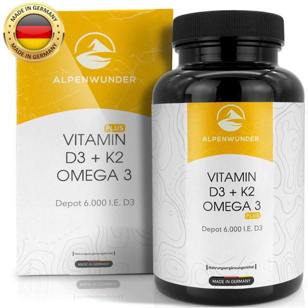 Alpenwunder Vitamin D3 and K2 + Omega 3 Fish Oil Capsules High Dose, 100% Made in Germany, 180 High-Quality Vitamin D3+K2 and Omega 3 Fish Oil Capsules, Manufactured in accordance with DIN EN ISO 9001