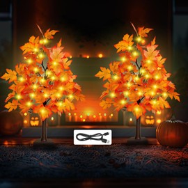 2 Pack 24 Inch Fall Decor Maple Tree - 2FT Lighted Fall Tree with 36 LED Lights, 72 Maple Leaves, 6 Pines, Timer, Battery or USB Operated Artificial Tree Fall Decorations for Home