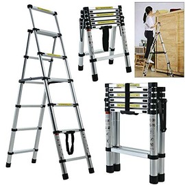 Telescoping Ladder 4+5 Steps Extension Folding Ladder Portable Telescopic Stepladder Easy Retraction Anti-Slip A-Type Attic Ladder with Spring Loaded Locking, 330lbs Capacity