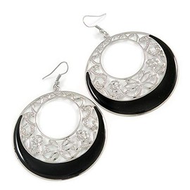 Black Enamel Cut Out Hoop Earrings in Silver Tone/75mm Drop