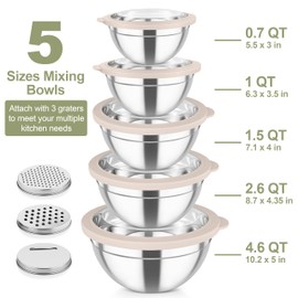 TeamFar Mixing Bowls, Stainless Steel Salad Serving Bowl with Clear Lids & 3 Graters, For Kitchen Cooking Prepping Storing, Size 4.6/2.6/1.5/1/0.7 QT, Nesting & Airtight, Set of 5 & Khaki