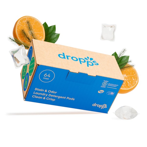 Dropps Stain & Odor Laundry Detergent | Clean & Crisp, 64 Pods | Low-Waste Packaging | Works In All Machines - High Efficiency (HE) Compatible | Powered by Natural Plant-Based Ingredients