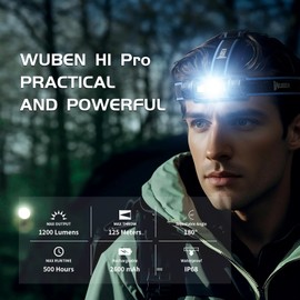 WUBEN H1 Pro LED Head Torch USB-C Headlamp 1200 Lumens Head Lamp White & Red Light 10 Modes Headlight IP68 Waterproof Hard Hat Headtorch for Work, Hiking, Climbing, Fishing, Hunting