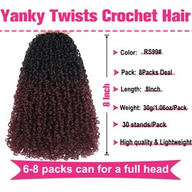 Unionbeauty 8 Inch Yanky Twist Crochet Hair 8Packs 30 Strands/PCS Pre-looped Spring Twist Crochet Hair with Bouncy Pre-twisted Mini passion Twist Crochet Synthetic Crochet Braids Hair Extensions RS99#