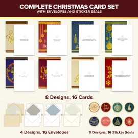 Decorably 16 Pack Gold Foil Embossed 5x7in Merry Christmas Cards with Envelopes & Stickers, 8 Elegant Holiday Designs Seasons Greetings for Friends & Family, Printed Message Inside - Gifting, Mailing