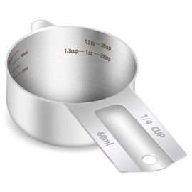 BERYLER 1PCS 1/4Cup (60ml, 2oz) Single Measuring Cup, Etched Inner Scale Stainless Steel Measure Scoop, Metric and US Measurement, Dishwasher Safe