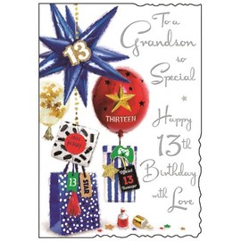 Jonny Javelin Grandson Happy 13th Birthday Card - Age 13 Balloons Presents